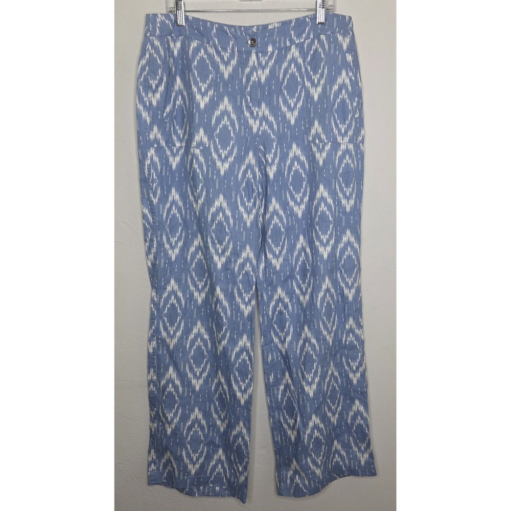Chicos 100% Linen Blue White Geometric Pant Size 1.5 Vacation Resort 31" Inseam - Picture 1 of 7